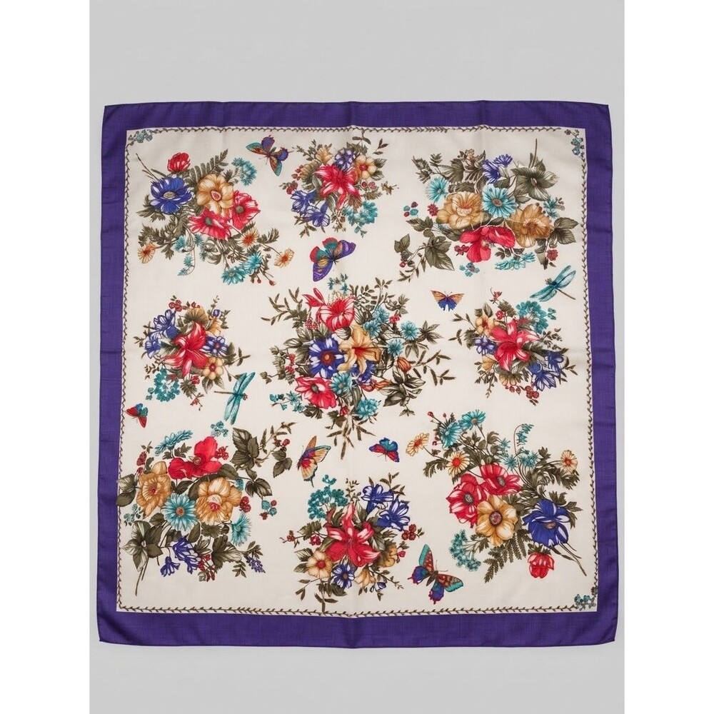 VTG 100% Silk Scarf Italy Floral Bouquet Butterflies Dragonfly Hand Rolled Hem